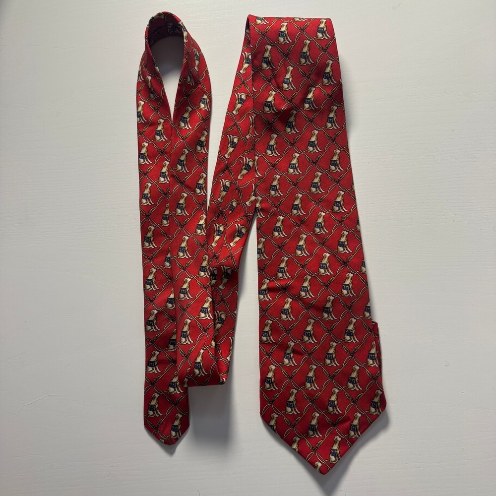 Brooks Brothers Mens Red Silk Tie Dog Lover Equestrian Rope Golden Animal Pet